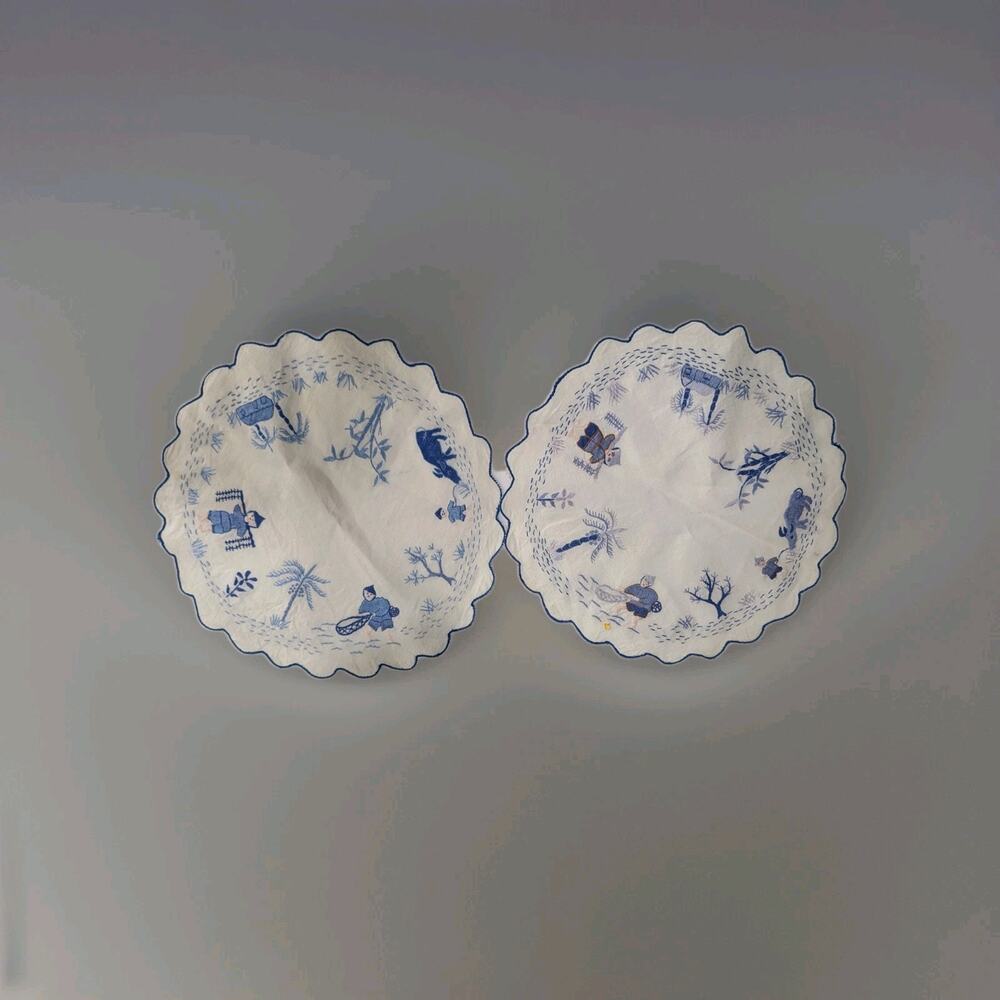 Vintage Blue White Hand Embroidered Asian Linen Placemats Pair of 2 Scalloped